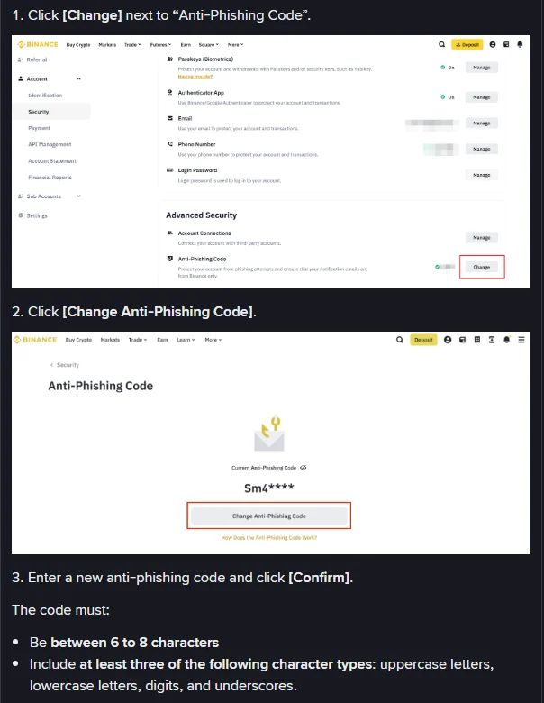 Hatua rasmi za Binance za kubadilisha anti-phishing code: safu ya Anti-Phishing Code katika Advanced Security, kitufe cha Change Anti-Phishing Code, na sheria za herufi 6 hadi 8