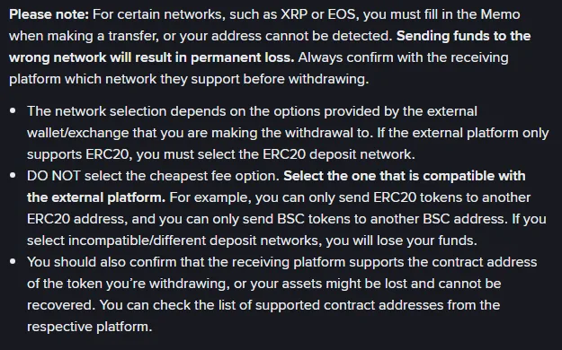 바이낸스 영문 도움말 'How to Withdraw Crypto from Binance?'의 네트워크 선택 안내 부분. 'DO NOT select the cheapest fee option'과 XRP·EOS 등은 Memo를 입력해야 한다는 경고가 굵게 표시되어 있다