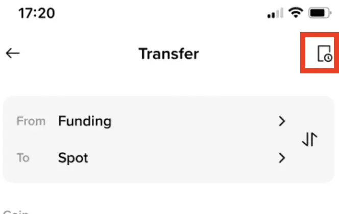 幣安 App 的轉帳畫面，From 欄位為 Funding、To 欄位為 Spot，下方是幣種選擇