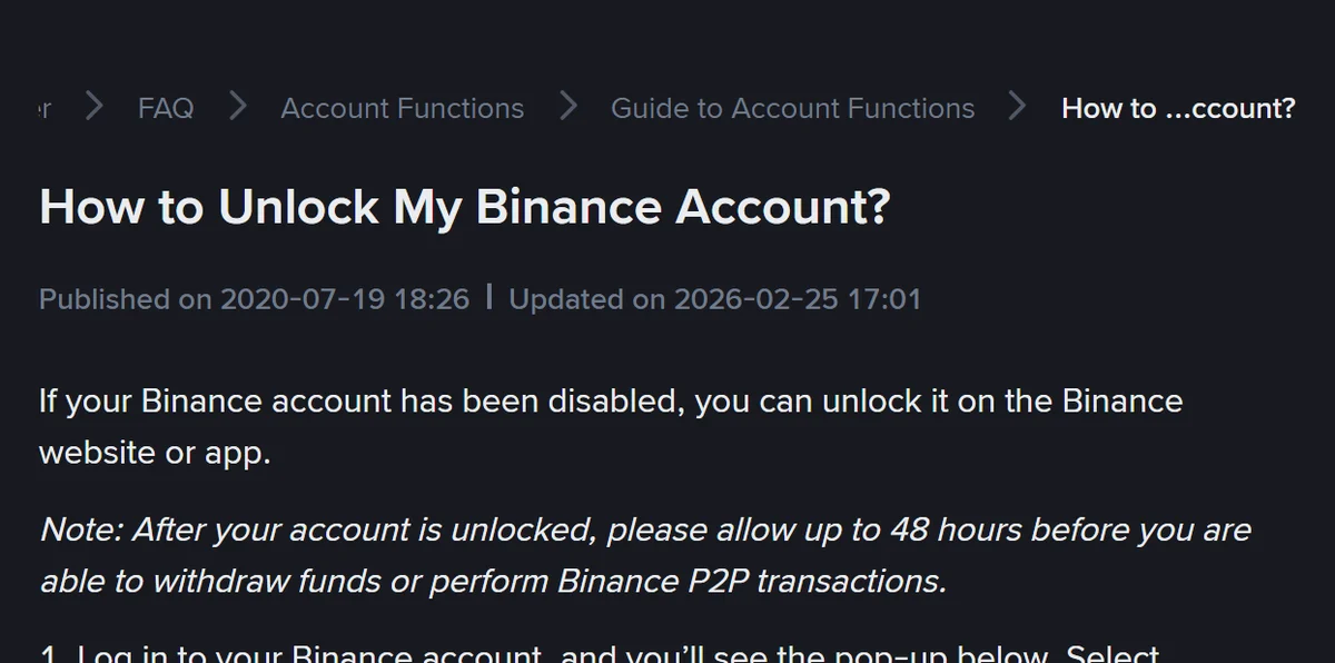 바이낸스 영문 도움말 'How to Unlock My Binance Account?' 상단. 계정 잠금 해제 후 출금과 P2P 거래가 가능해지기까지 최대 48시간이 걸린다는 안내가 기울임꼴로 표시되어 있다
