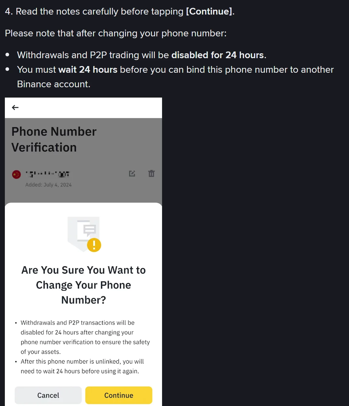 Hatua ya 4 kwenye app ya Binance ikitaja saa 24 za utoaji na saa 24 za kufunga namba kwenye akaunti nyingine