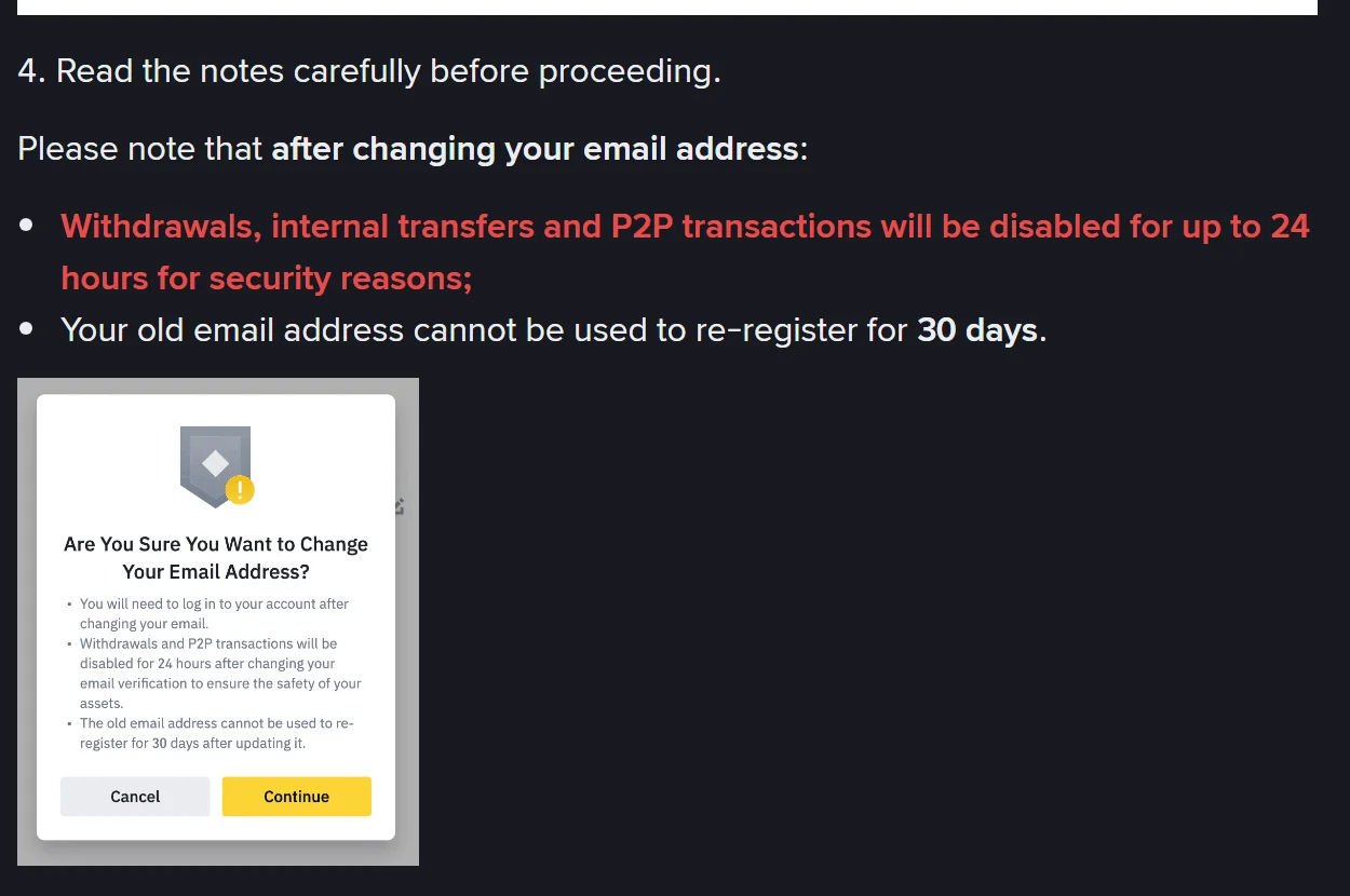 Hatua ya 4 ya ukurasa wa Binance ikitaja saa 24 za kusimamisha na siku 30 za barua pepe ya zamani