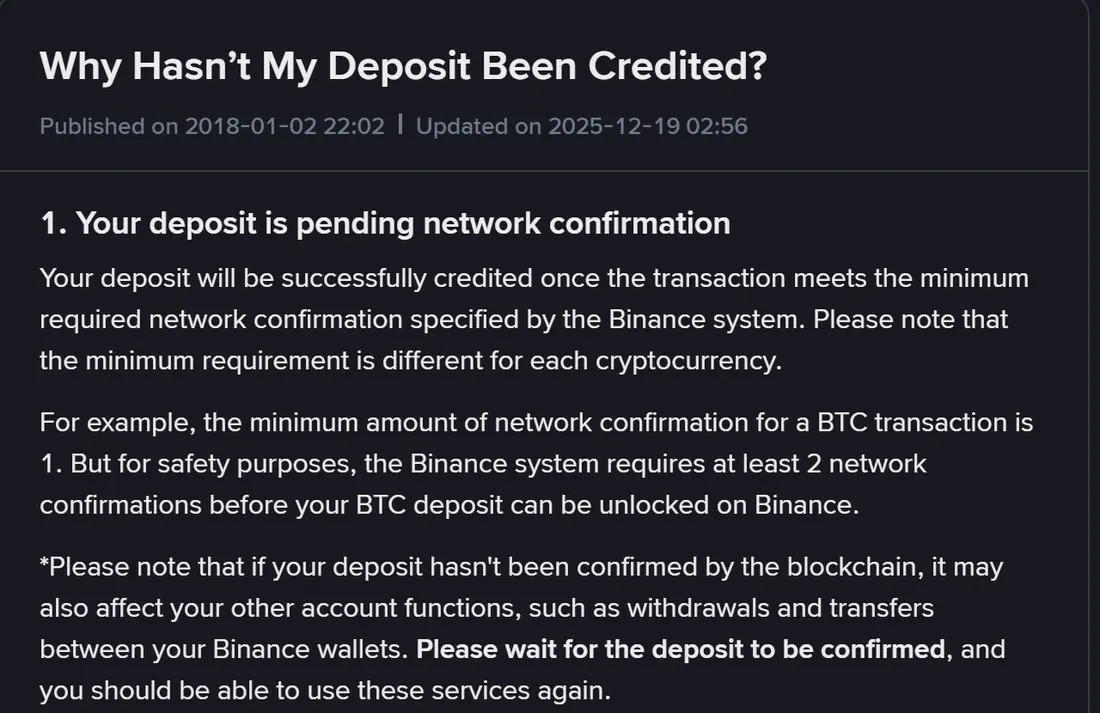 Ukurasa rasmi wa Binance Support wenye kichwa Why Hasn't My Deposit Been Credited, ukionyesha sehemu ya kwanza kuhusu confirmations za network na mfano wa BTC wa confirmation 1 na 2