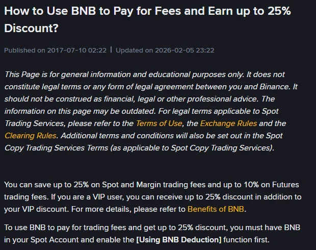 Ukurasa rasmi wa msaada wa Binance kuhusu kutumia BNB kulipa ada, ukionyesha tarehe ya kusasishwa 2026-02-05 na maelezo ya punguzo la hadi 25% kwa spot na margin