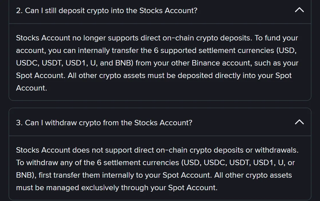 Maswali mawili rasmi yanayoeleza kuwa akaunti ya Stocks haikubali deposit wala withdrawal ya moja kwa moja ya on-chain