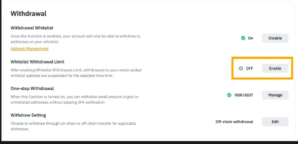 바이낸스 도움말에 실린 Withdrawal 설정 화면. Withdrawal Whitelist는 On, Whitelist Withdrawal Limit는 Off, One-step Withdrawal은 1000 USDT로 표시되어 있다