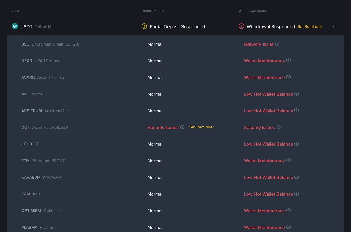 Ukurasa wa Deposit and Withdrawal Status wa Binance ukionyesha safu ya USDT ikiwa imepanuliwa, na hali ya kila network: BEP20, NEAR, AVAX C-Chain, Aptos, Arbitrum, CELO, ERC20 na nyingine zikiwa Normal upande wa deposit, huku Asset Hub Polkadot ikiwa na Security Issues