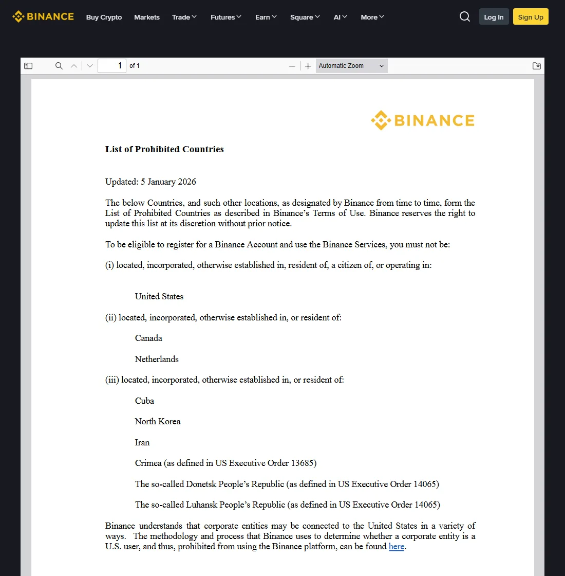 Waraka rasmi wa Binance wa List of Prohibited Countries ukionyesha tarehe ya masahihisho 5 Januari 2026 na makundi matatu: Marekani; Kanada na Uholanzi; Cuba, Korea Kaskazini, Iran, Crimea, Donetsk na Luhansk