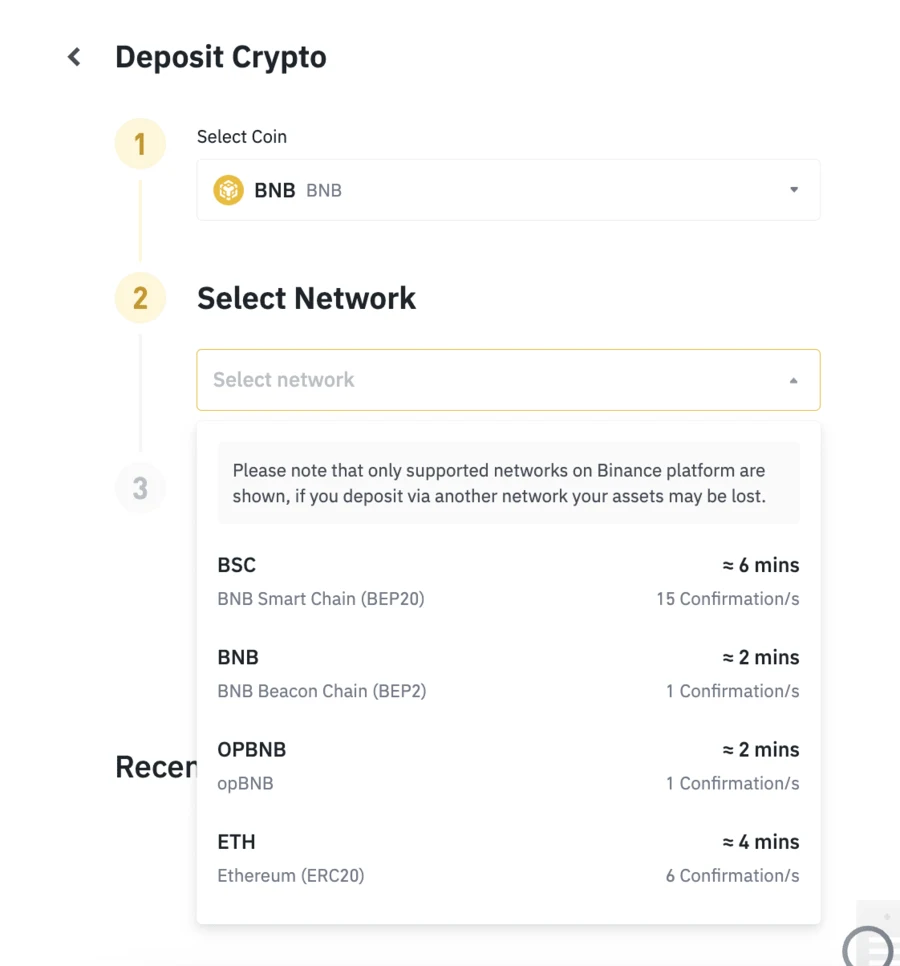 바이낸스 공식 도움말의 Deposit Crypto 화면 캡처. 1단계에서 코인으로 BNB를 고르고 2단계 네트워크 목록에 지원되지 않는 네트워크로 입금하면 자산을 잃을 수 있다는 경고와 함께 BSC 약 6분 15회 확인, BNB Beacon Chain 약 2분 1회 확인, opBNB 약 2분 1회 확인, Ethereum(ERC20) 약 4분 6회 확인이 표시되어 있다