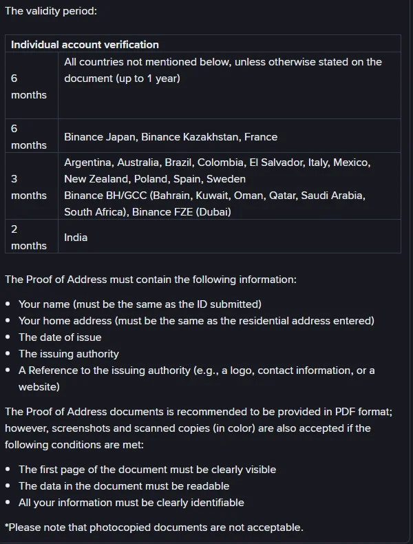 Jedwali rasmi la muda wa uhalali wa proof of address pamoja na orodha ya taarifa tano zinazotakiwa kwenye hati