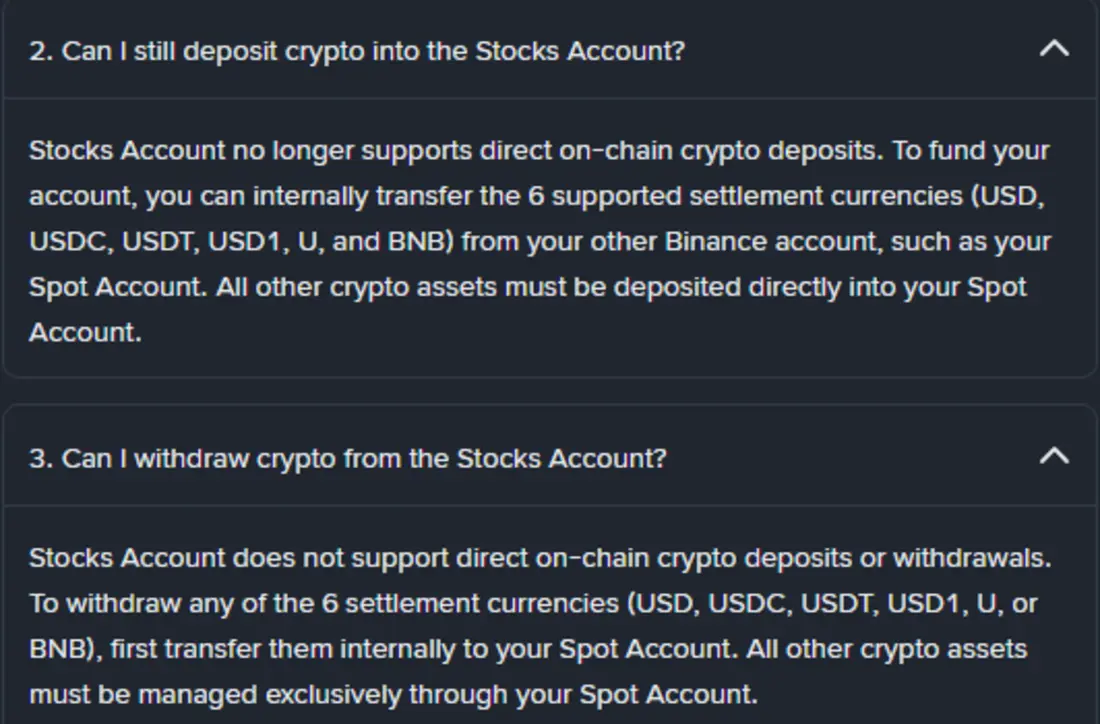 마이그레이션 FAQ의 Stocks Account 항목 2번과 3번을 펼친 화면. 온체인 입금과 출금을 지원하지 않으며 다른 코인은 현물 계정으로 직접 입금해야 한다고 적혀 있다.