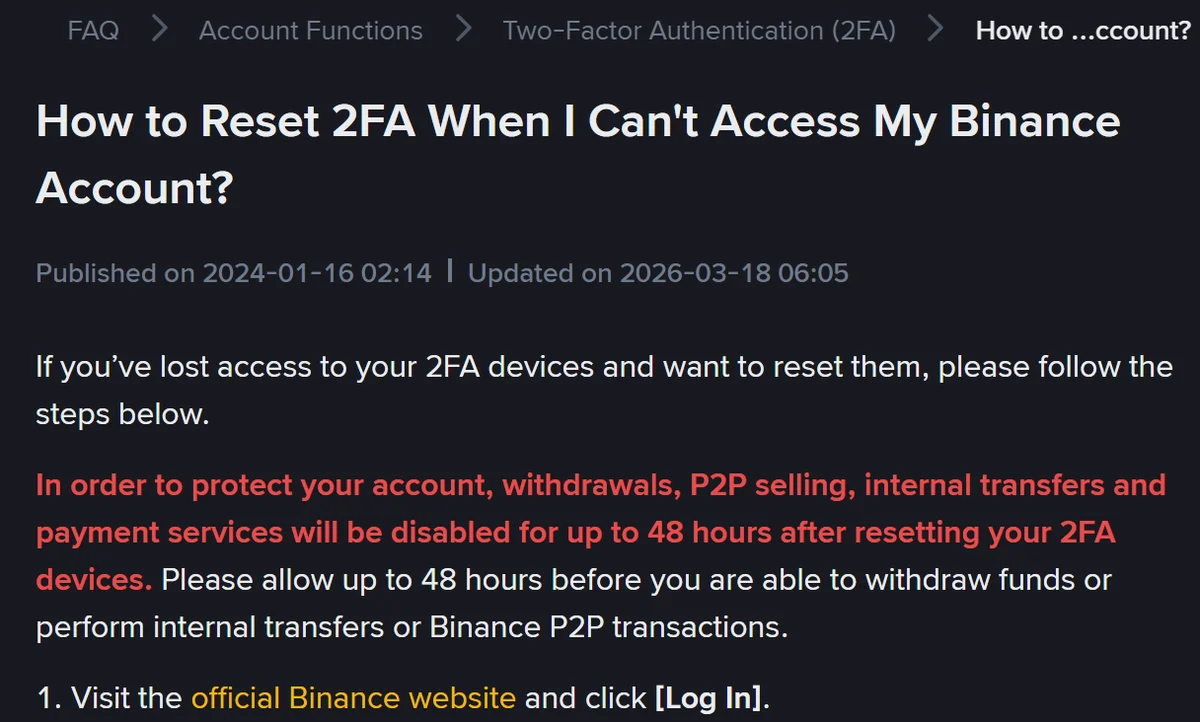 바이낸스 영문 도움말 'How to Reset 2FA When I Can't Access My Binance Account?' 상단. 2FA 기기 재설정 후 최대 48시간 동안 출금·P2P 판매·내부 이체·결제 서비스가 중지된다는 안내가 붉은 글씨로 표시되어 있다