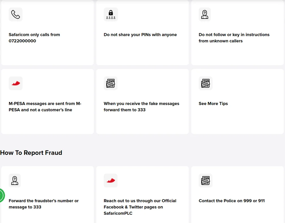 Ukurasa rasmi wa Safaricom wa Fraud Awareness ukionyesha vidokezo vitano na sehemu ya How To Report Fraud: kupeleka ujumbe wa mtapeli kwa 333 na kupiga polisi 999 au 911