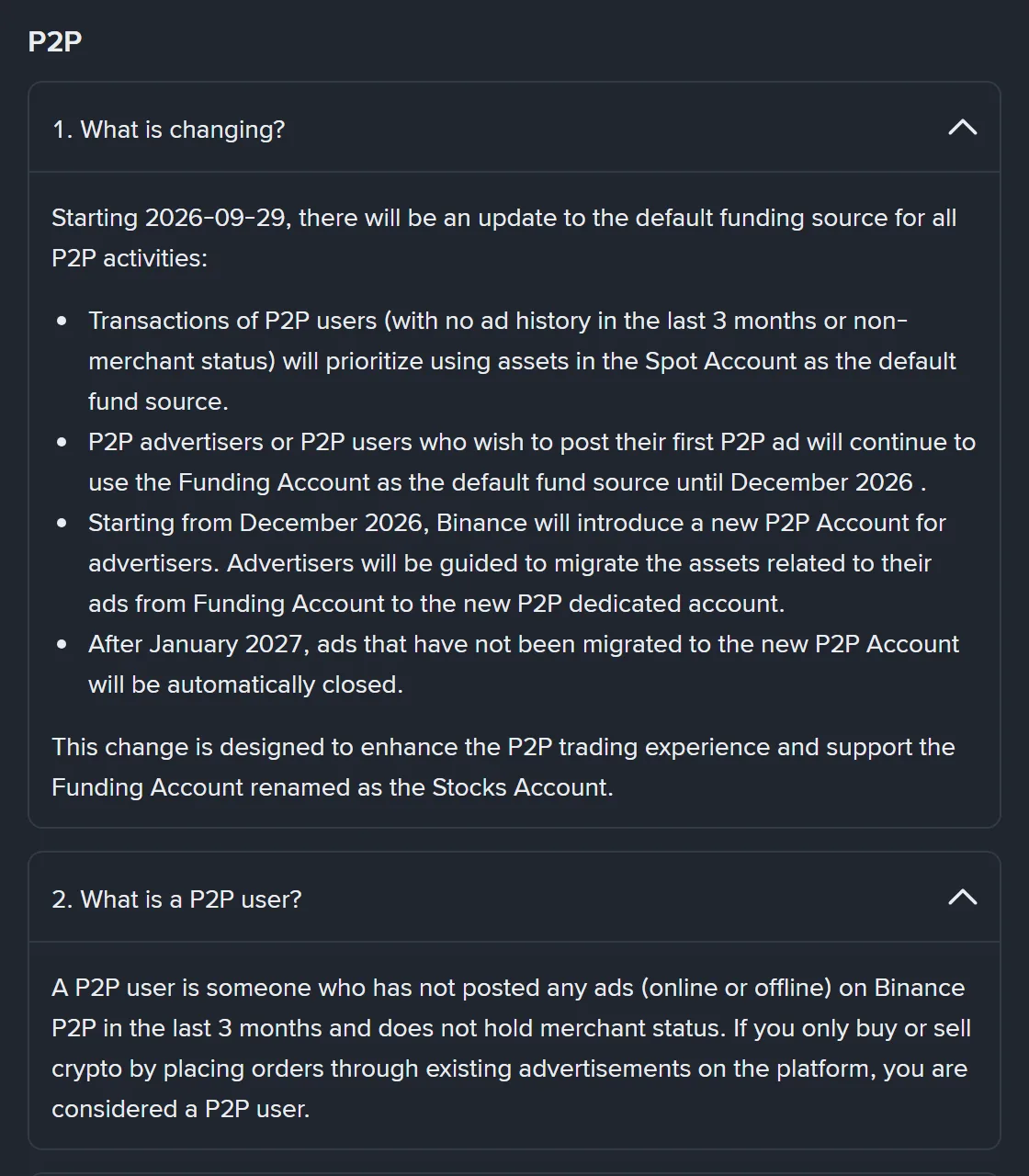 Sehemu ya P2P kwenye ukurasa rasmi wa Binance Support kuhusu kuunganishwa kwa akaunti ya Funding na Spot, maswali mawili ya kwanza yakiwa yamefunguliwa