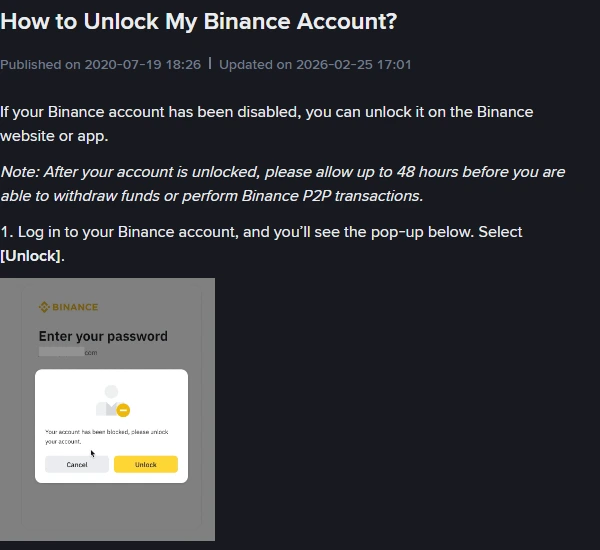 Sehemu ya juu ya ukurasa rasmi wa Binance kuhusu kufungua akaunti iliyozuiwa, Updated on 2026-02-25, yenye maelezo kwamba baada ya kufunguliwa inachukua hadi saa 48 kabla ya kutoa fedha, pamoja na picha ya dirisha lenye kitufe Unlock