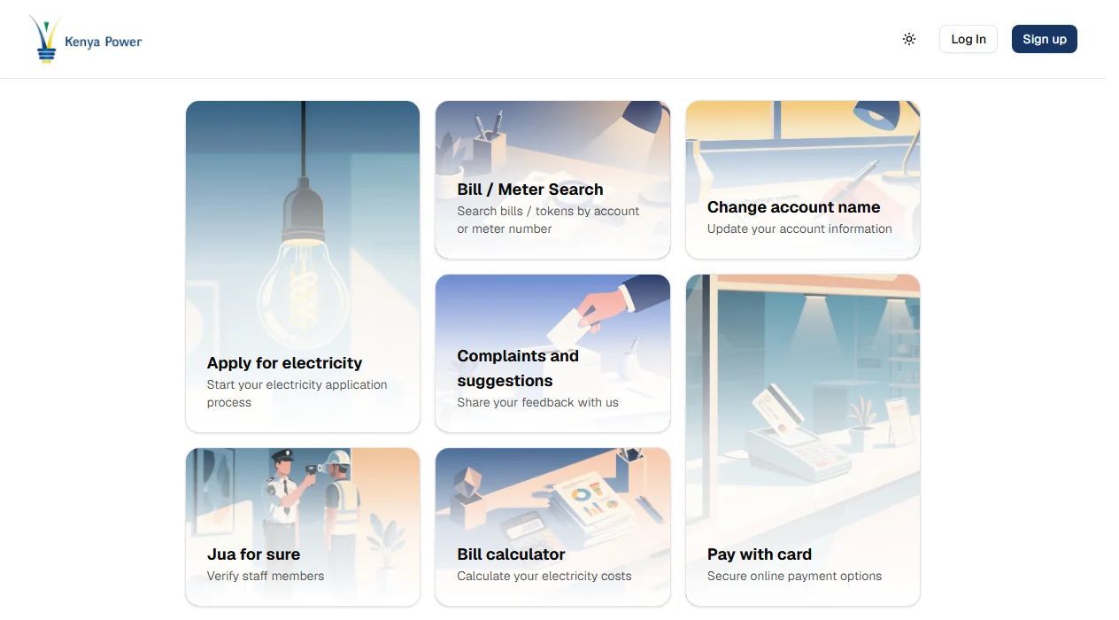 Tovuti ya kujihudumia ya Kenya Power ikionyesha vishikizo vya Bill / Meter Search, Apply for electricity na Pay with card