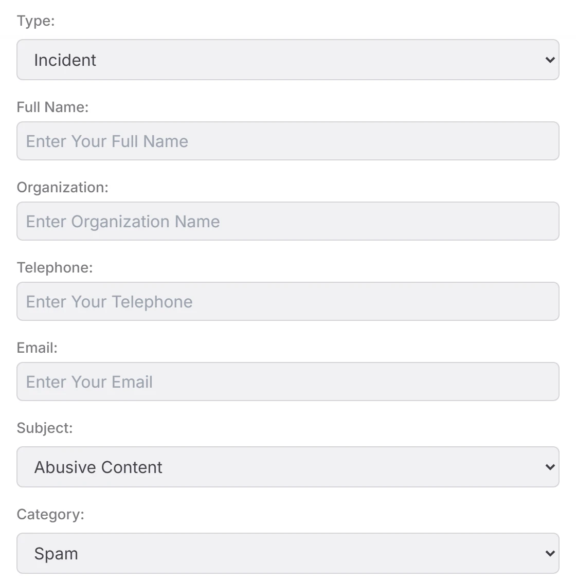 Fomu ya TZ-CERT ikionyesha sanduku la Type likiwa na Incident, sehemu za Full Name, Organization, Telephone na Email, kisha sanduku la Subject lenye Abusive Content na sanduku la Category lenye Spam