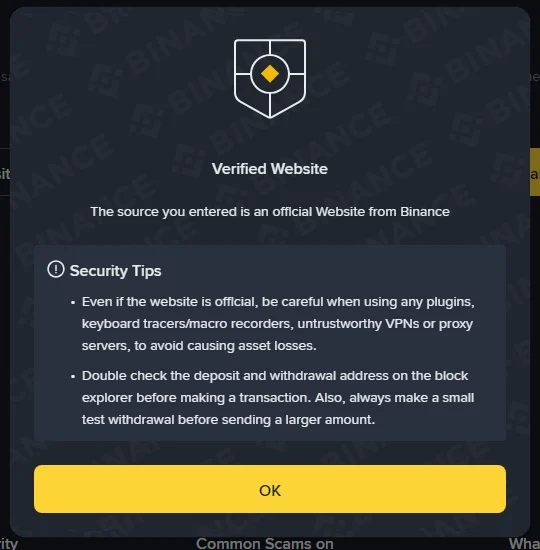 Jibu la Verified Website kwenye Binance Verify likiwa na Security Tips mbili kuhusu plugins na kutuma kiasi kidogo cha majaribio