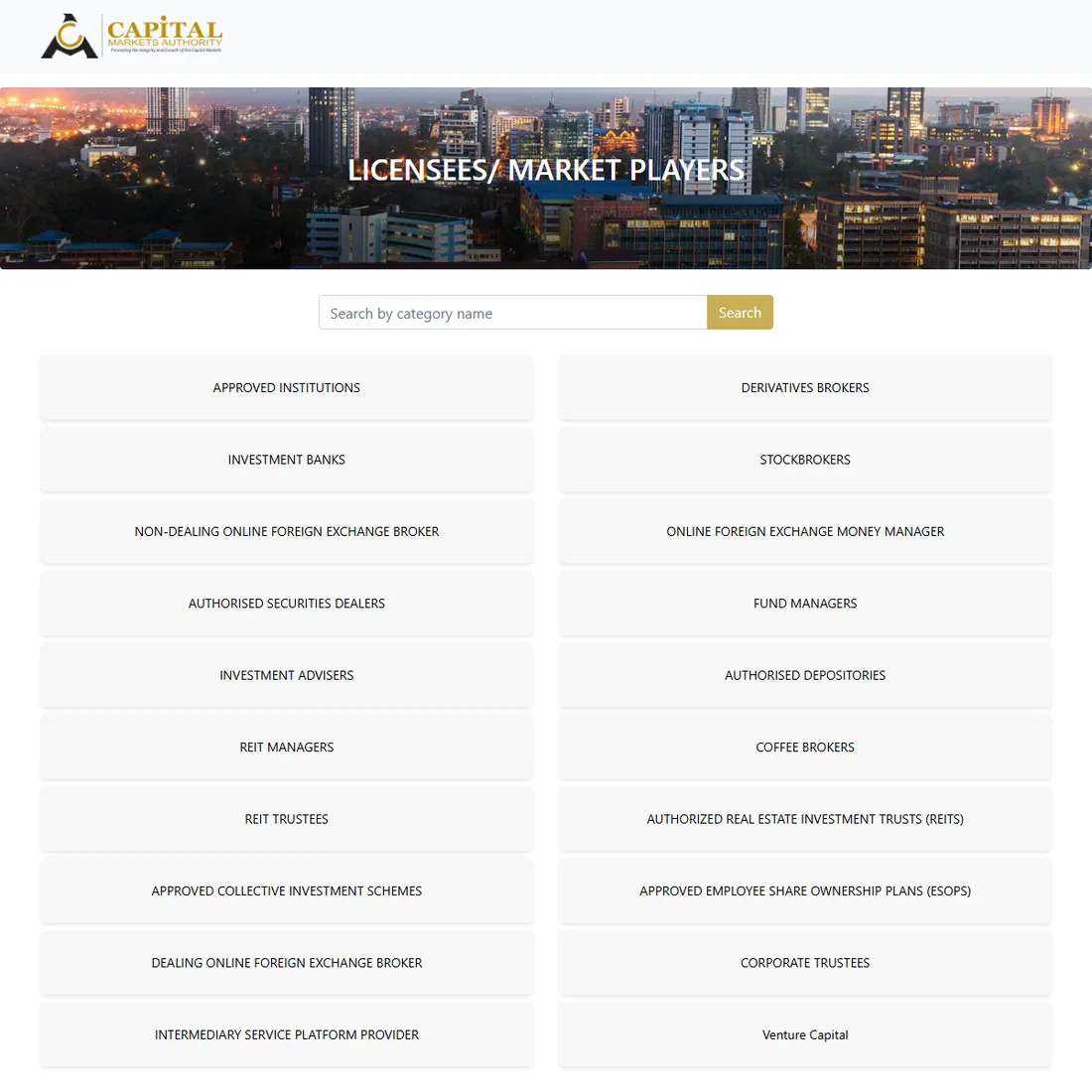 Ukurasa wa daftari la walioidhinishwa wa CMA Kenya ukionyesha makundi 20 ya leseni, kuanzia Approved Institutions hadi Venture Capital, bila kundi lolote la virtual asset service provider