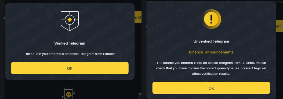 Majibu mawili ya Binance Verify kwa kituo kimoja cha Telegram: kiungo kizima kinaonyesha Verified Telegram, jina pekee linaonyesha Unverified Telegram