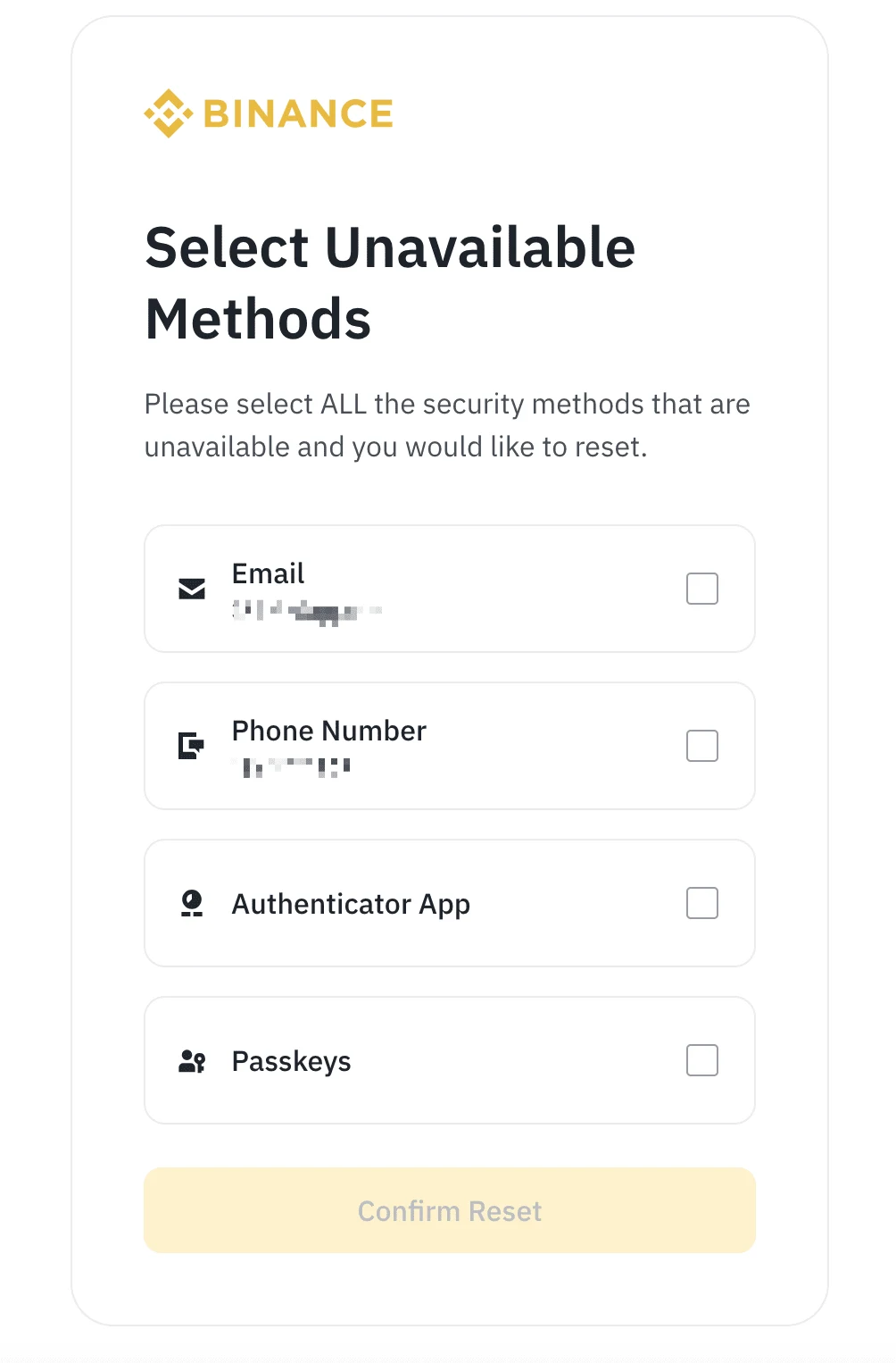 Skrini halisi ya Binance ya kuchagua email, simu, authenticator app na passkey wakati wa kurekebisha njia za usalama; taarifa zimefichwa