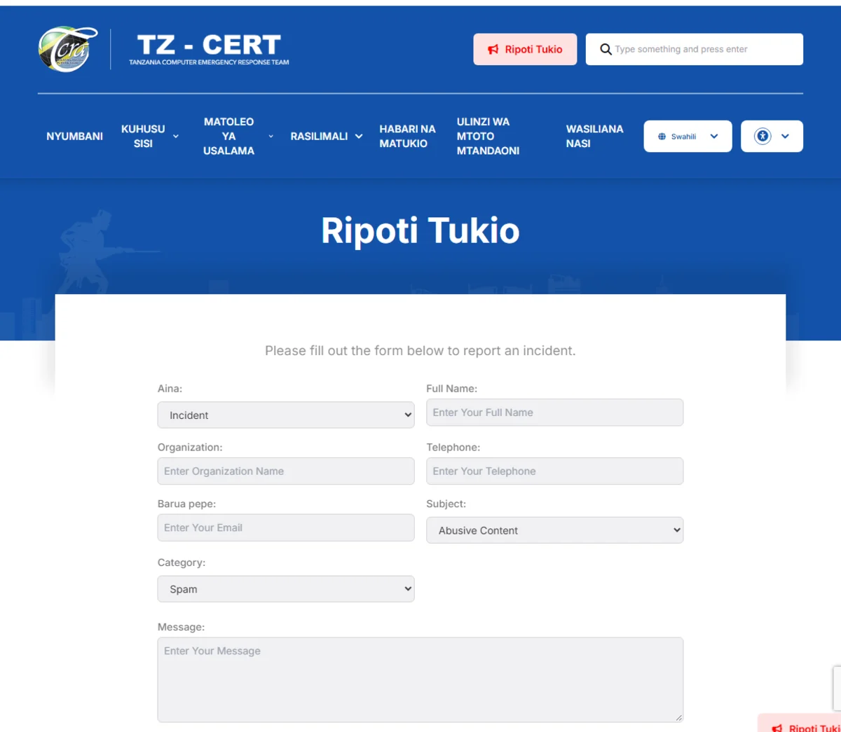 Ukurasa wa Ripoti Tukio wa TZ-CERT kwa Kiswahili ukionyesha fomu yenye sehemu za Aina, Barua pepe na Category