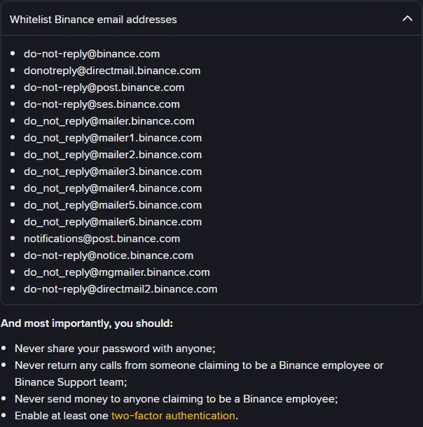 Orodha rasmi ya Binance ya anwani 15 za barua pepe za kuweka kwenye whitelist, zikifuatiwa na maonyo ya kutokushiriki nenosiri na kutotuma fedha kwa anayejiita mfanyakazi wa Binance