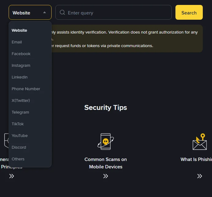 Orodha ya aina 12 za kukagua kwenye Binance Verify: Website, Email, Facebook, Instagram, LinkedIn, Phone Number, X(Twitter), Telegram, TikTok, YouTube, Discord, Others