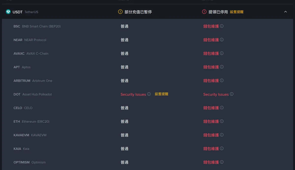 幣安充提狀態頁展開 USDT 後的網路列表,各條鏈充值標示普通、提領標示紅色「錢包維護」,只有 DOT Asset Hub Polkadot 一行充值與提領都是 Security Issues