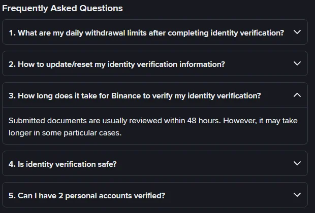 바이낸스 공식 영어 FAQ 스크린샷: 3번 질문 "How long does it take for Binance to verify my identity verification?"을 펼치면 제출 서류는 보통 48시간 안에 심사되며 경우에 따라 더 걸릴 수 있다는 답변이 보인다