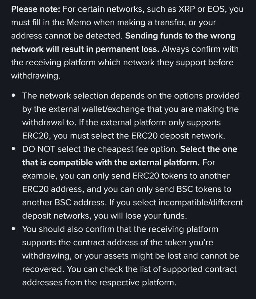 Sehemu ya ukurasa wa msaada wa Binance "How to Withdraw Crypto from Binance?" ikionyesha onyo kuhusu Memo kwa XRP na EOS, sentensi nzito "Sending funds to the wrong network will result in permanent loss", na vidokezo vitatu vinavyoanza na "DO NOT select the cheapest fee option"