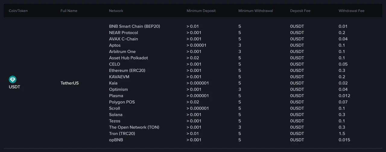 Ukurasa wa Binance "Fees & Transactions Overview", kichupo cha Deposit/Withdrawal, baada ya kutafuta USDT: jedwali linaonyesha TetherUS kwenye network 19 pamoja na safu za Minimum Deposit, Minimum Withdrawal, Deposit Fee na Withdrawal Fee