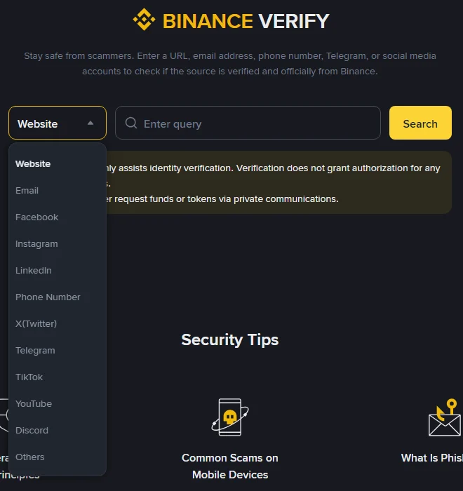 Binance Verify 페이지의 쿼리 유형 드롭다운이 열려 Website부터 Others까지 12개 항목이 보이는 화면