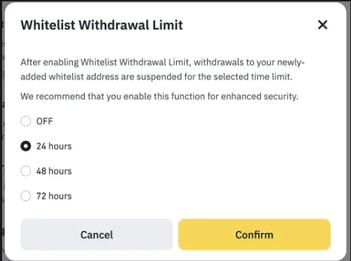 Whitelist Withdrawal Limit 설정 팝업. OFF, 24시간, 48시간, 72시간 중 선택하도록 되어 있고 24시간이 선택되어 있다