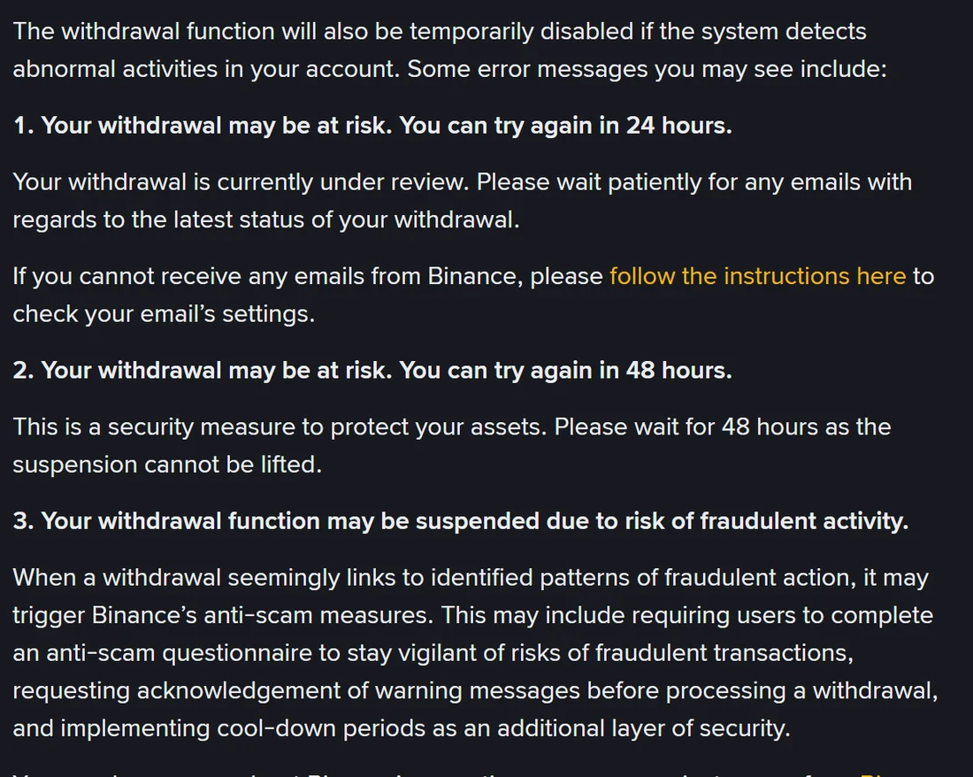 Sehemu ya ukurasa rasmi wa Binance inayoorodhesha ujumbe wa makosa matatu: kujaribu tena baada ya saa 24, baada ya saa 48, na kusimamishwa kwa sababu ya hatari ya udanganyifu